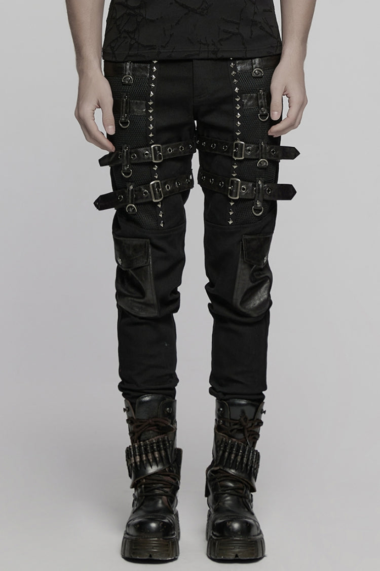 Studded Punk Pants with Buckle Straps and Mesh