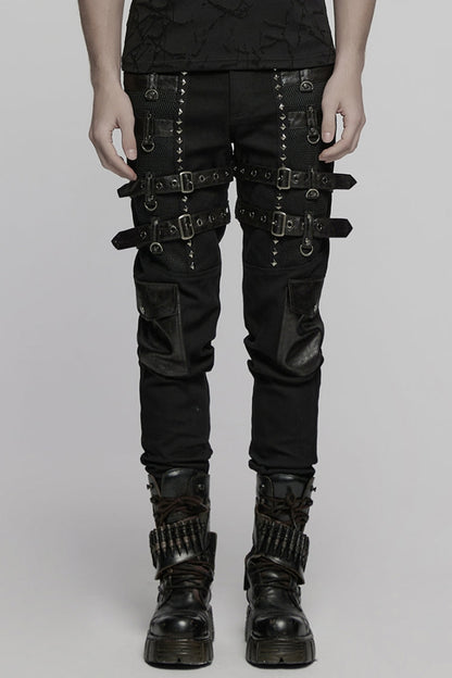Studded Punk Pants with Buckle Straps and Mesh
