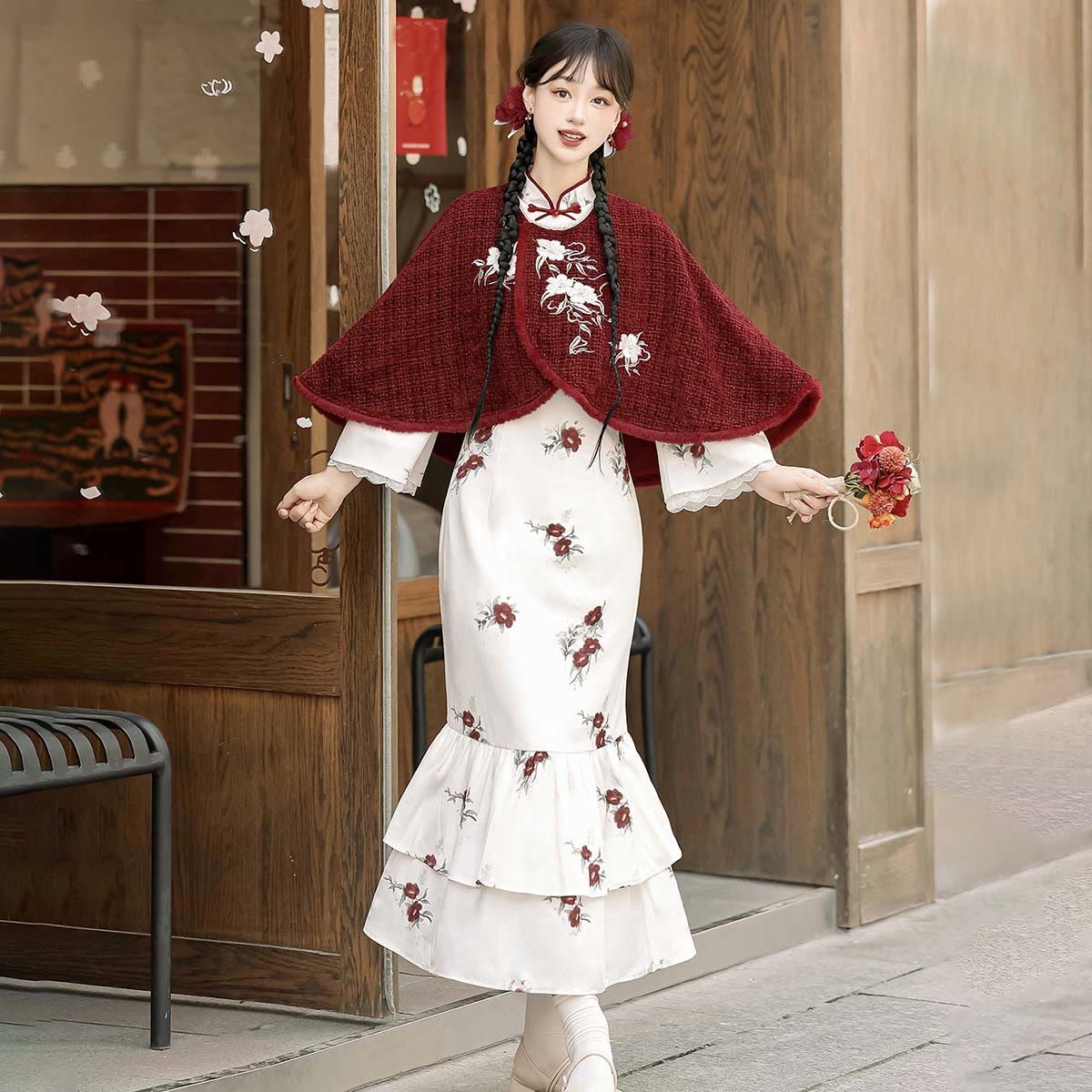 Pieces Buckle Two Vintage Flower Dress Cloak Embroidery