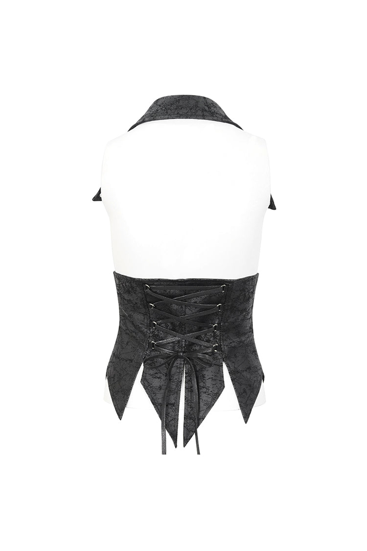 Lace-Up Black Asymmetric Gothic Vest with Detachable Collar