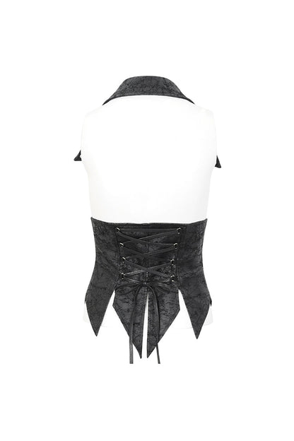 Lace-Up Black Asymmetric Gothic Vest with Detachable Collar