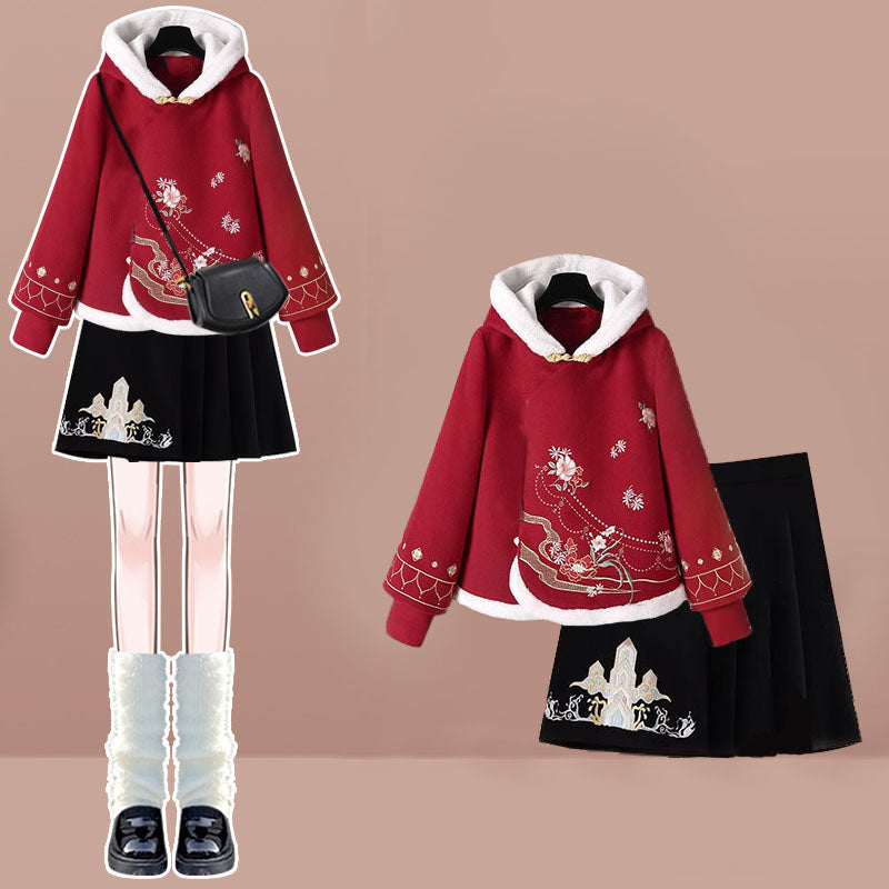 Red Flower Embroideried Hoodie High Waist Pleated Skirt