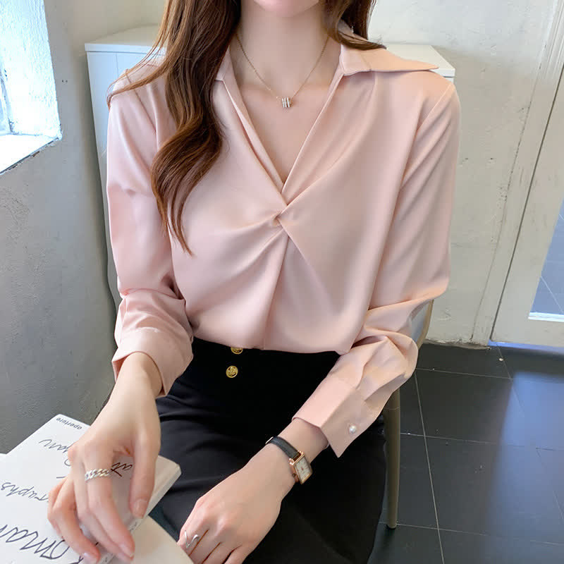 Chemise de travail élégante en satin à volants de couleur pure