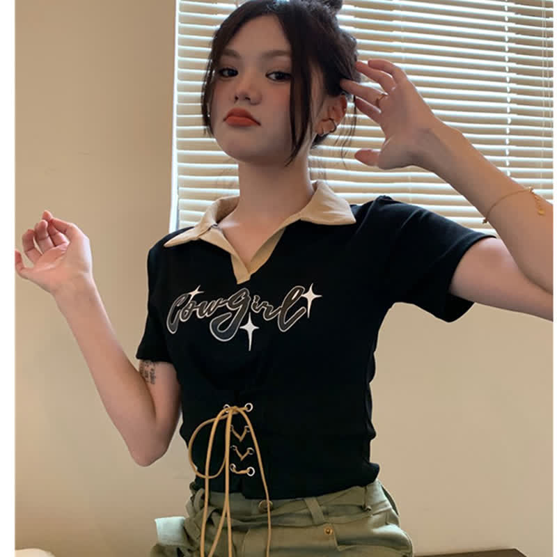 Set Pants Cargo Letter T-Shirt Print Top Crop