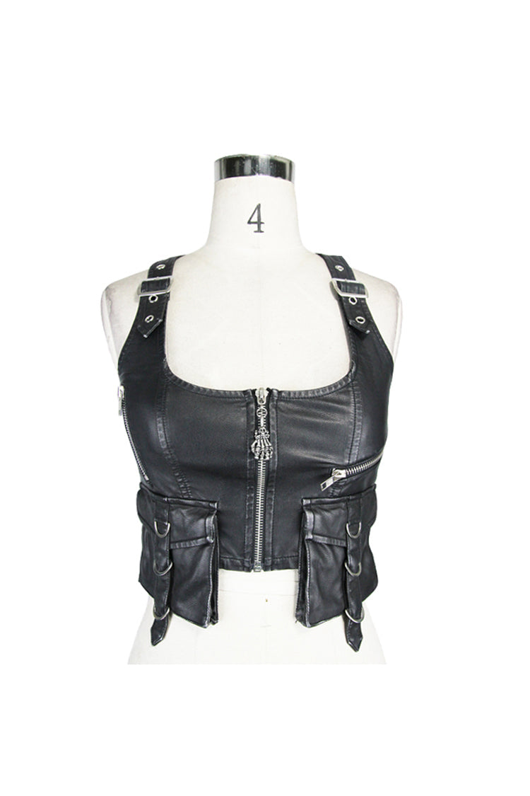 Hand-Rubbed Leather Punk Waistcoat with Hasp Zipper - Noir