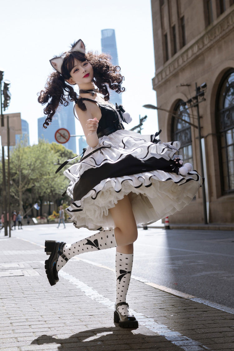 Black/White Sweet Lolita Triple-Layered Ruffle Bowknot JSK Dress