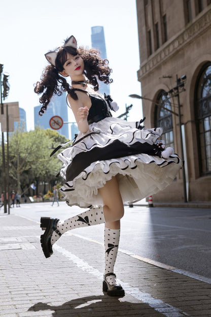 Black/White Sweet Lolita Triple-Layered Ruffle Bowknot JSK Dress