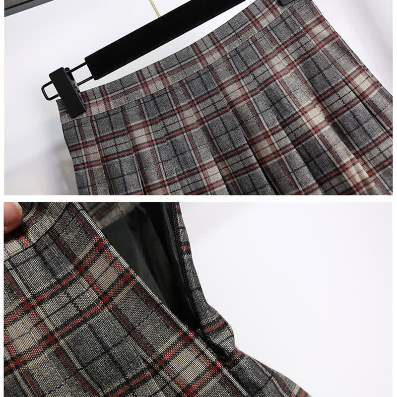 Elegant Doll Collar Knit Sweater Plaid Print Pleated Skirt