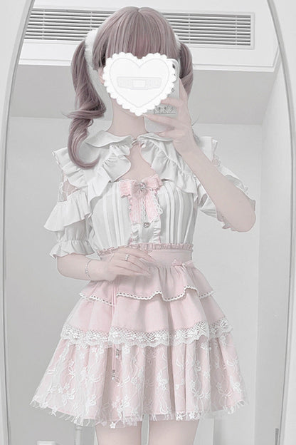 Triple-Layered Ruffle Bowknot Lace Jirai Kei Skirt Set