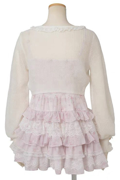 Multi-Layer Printed Ruffle Bow Sweet Dress Three Colors