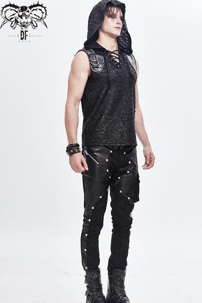 Men's Punk Knit Vest with Hood Tattered Chest Lace-Up Metal Buckle