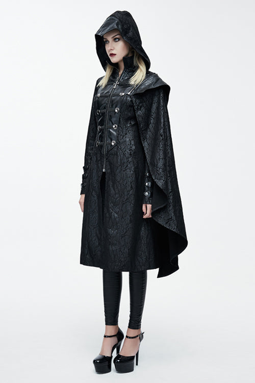 Hooded Shawl Collar Gothic Pattern Faux Leather Long Coat