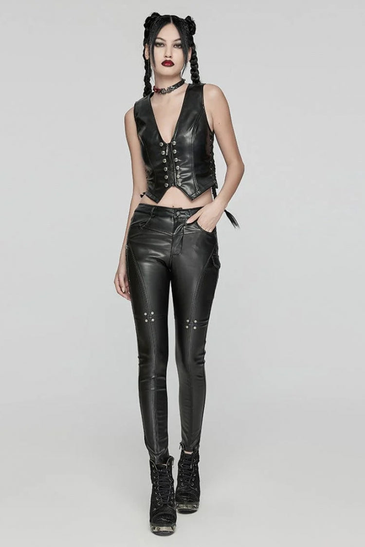 Punk Women's Vest with Faux Leather V Collar Sleeveless Lace-Up and Zipper