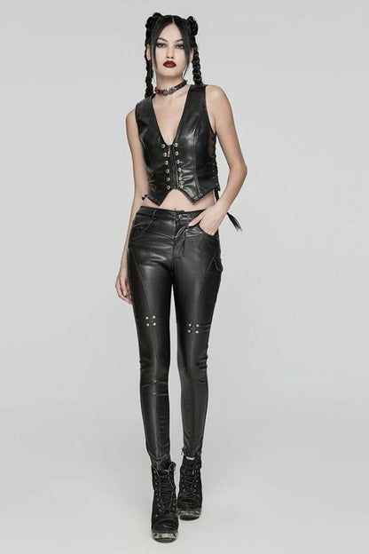 Punk Women's Vest with Faux Leather V Collar Sleeveless Lace-Up and Zipper