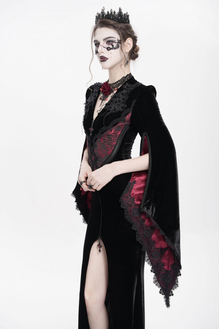 Trumpet Sleeve Floral Embroidered Velvet Gothic Dress