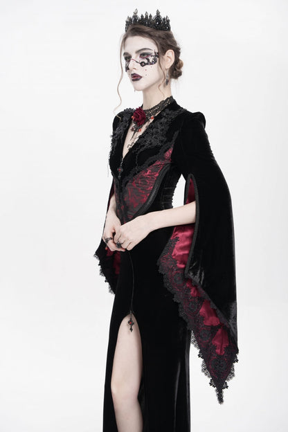 Trumpet Sleeve Floral Embroidered Velvet Gothic Dress