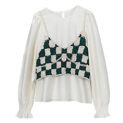 Skirt Set Plaid Chiffon Pleated Shirt Vest Green