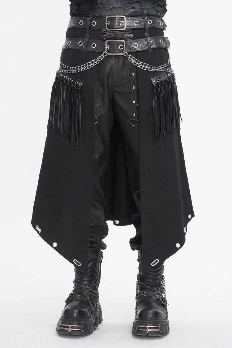 Double Belt Tassel Black Asymmetric Gothic Skirt for Men