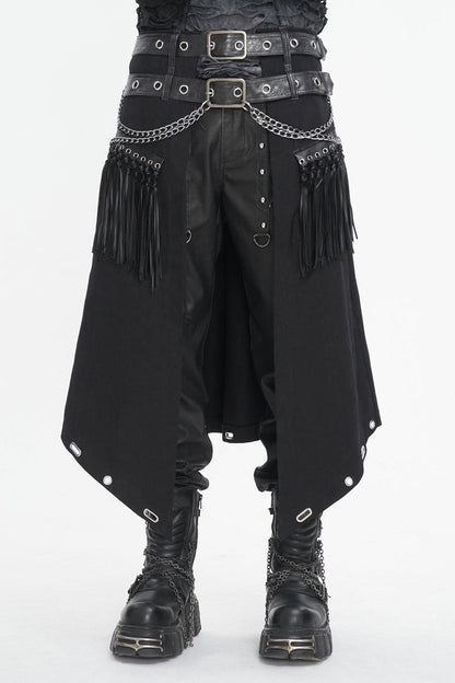 Double Belt Tassel Black Asymmetric Gothic Skirt for Men