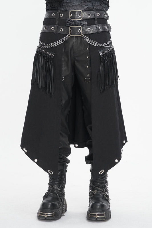 Double Belt Tassel Black Asymmetric Gothic Skirt for Men