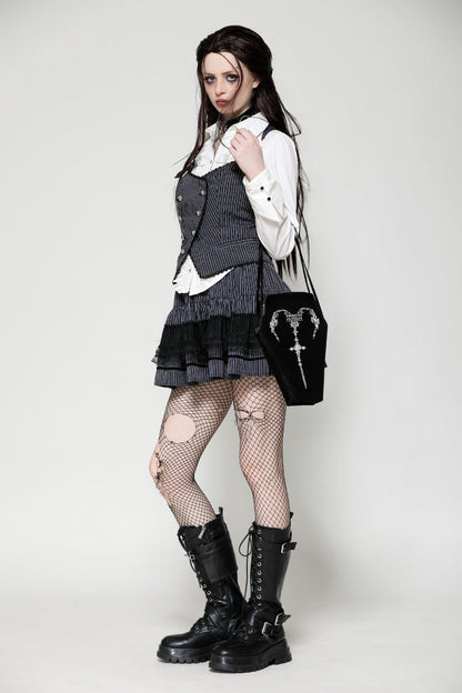 Gothic Women's Handbag with Embroidered Horned Motif and Chain