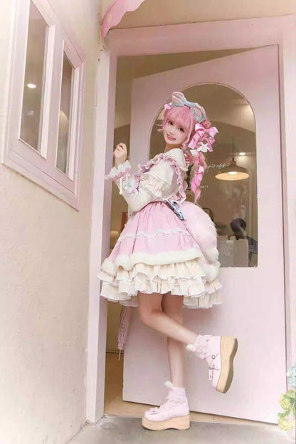 White and Pink Little Fox Multi-Layer Ruffled Bow-Trim Long-Sleeved Sweet Lolita Dress