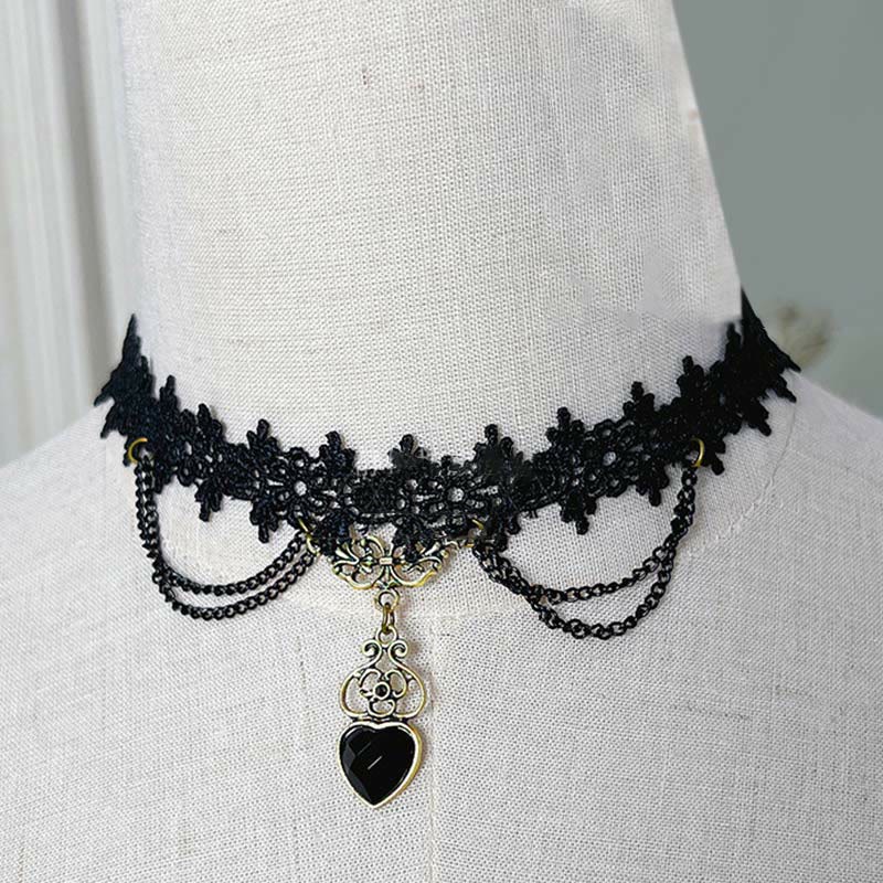 Collier ras du cou gothique punk rétro en dentelle et cristal Lolita