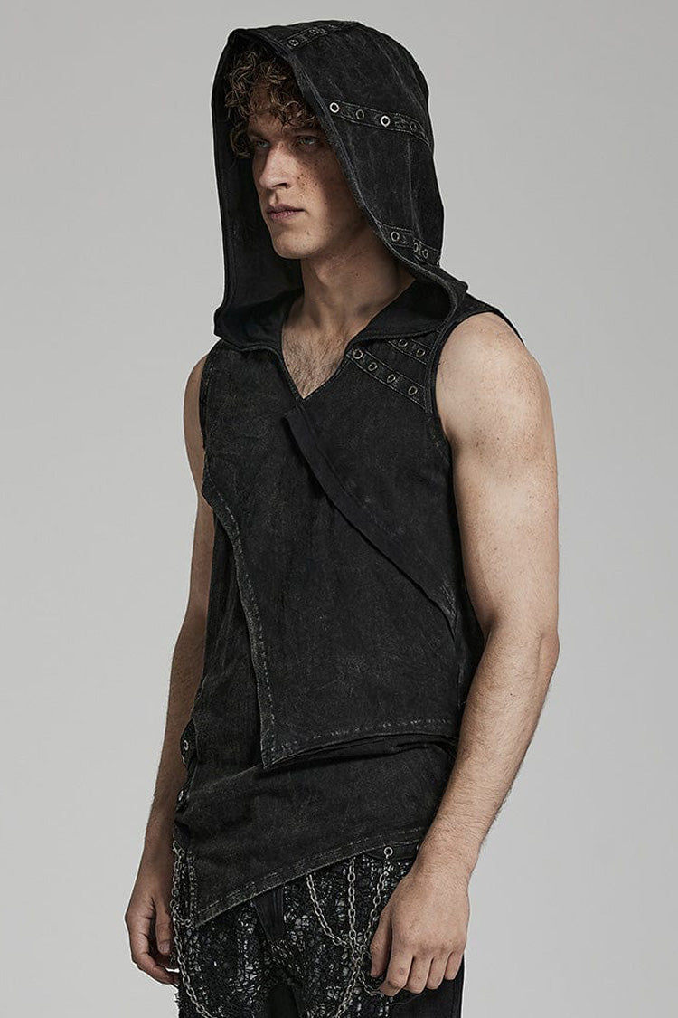 Hooded Punk Tank Top with Asymmetric Cut - NoirEdge