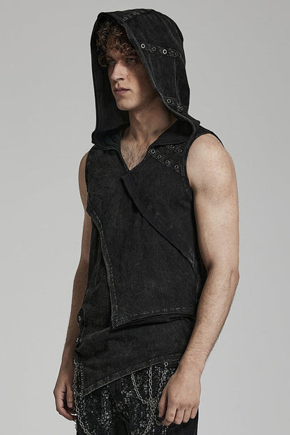Hooded Punk Tank Top with Asymmetric Cut - NoirEdge