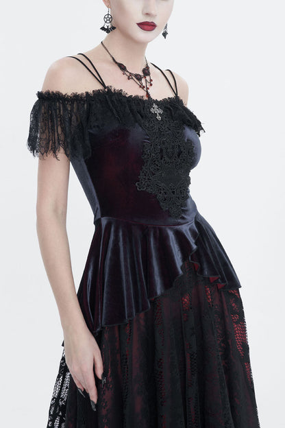 Crimson Stretch Velvet Eyelash Lace Short Sleeve One-Shoulder Goth Strap Tee