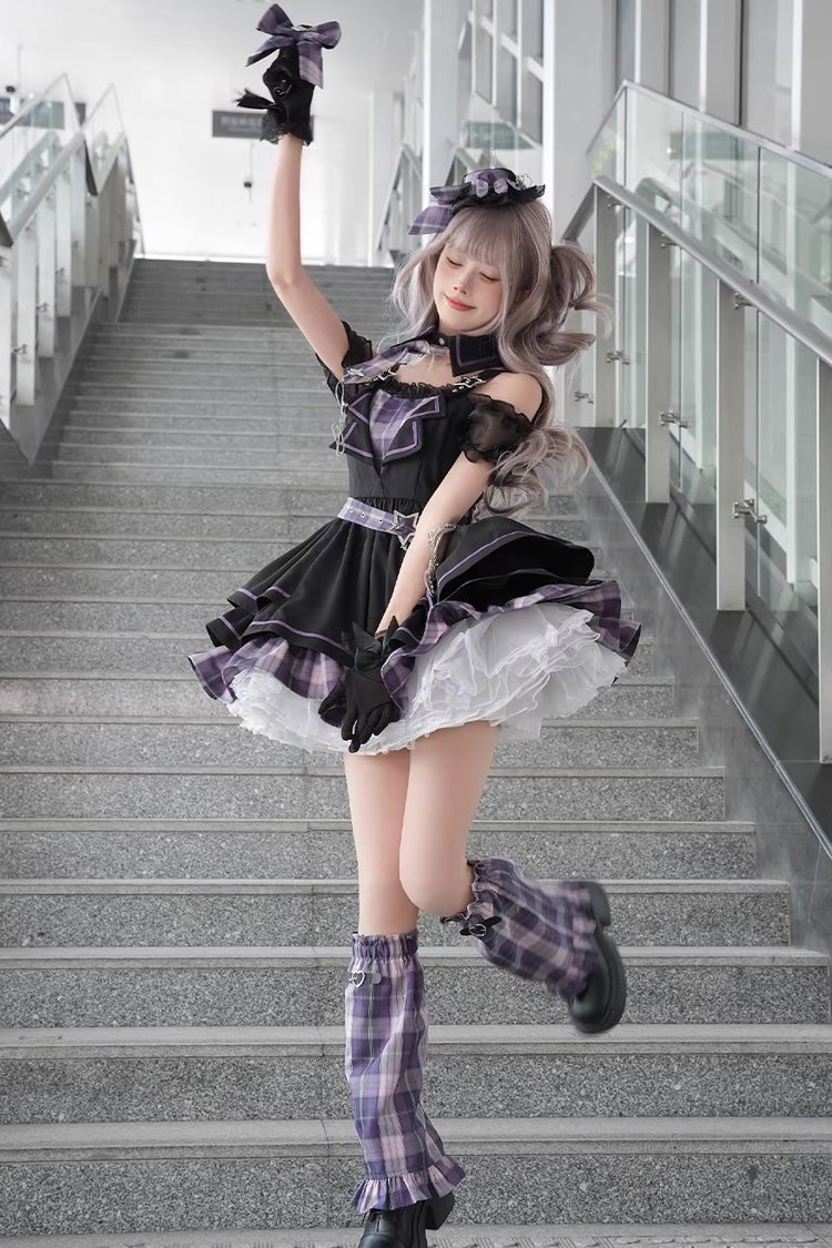 Purple Dark Night Rose Boat Neck Short Sleeve Plaid Print Ruffle Chain Gothic Lolita Dress