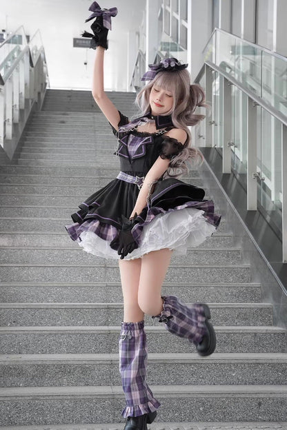 Purple Dark Night Rose Boat Neck Short Sleeve Plaid Print Ruffle Chain Gothic Lolita Dress