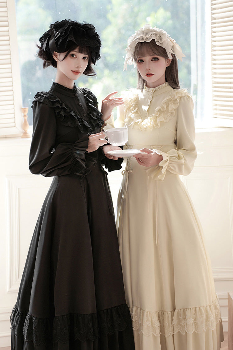 Stand Collar Gothic Dress with Long Sleeves and Lace-Up Ruffled Bow - Letters & Poems · Day and Night