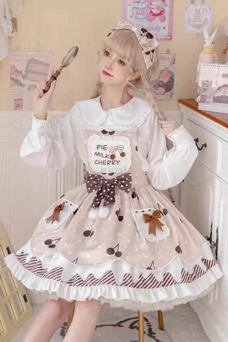 Cherry Milk Pie Print Ruffled Bow Stitched Jumper Dress