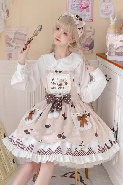 Cherry Milk Pie Print Ruffled Bow Stitched Jumper Dress