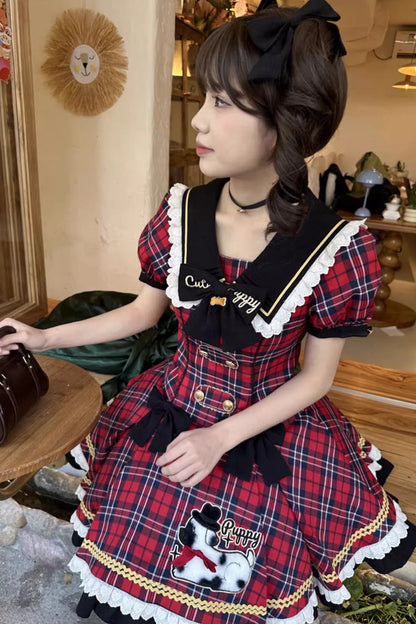 Crimson Dalmatian Bowknot Mini Sweet Lolita Gown with Short Sleeves