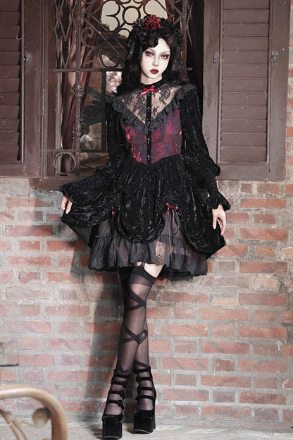 Rose Cemetery Puff Sleeve Lolita Dress with Hollow Lace - Noir