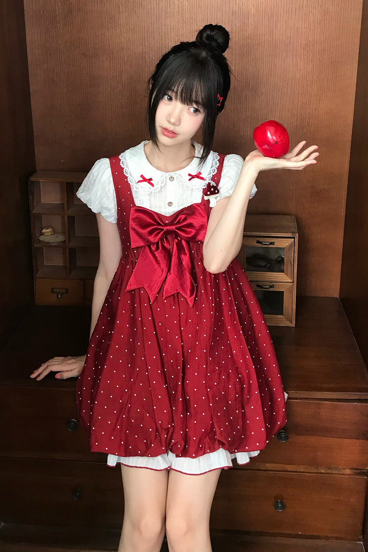 Red Little Mushroom Sleeveless Polka Dot Ruffle Bow Sweet Lolita JSK