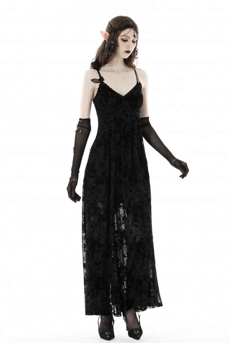 Maxi Rose Print Gothic Slip Dress with Lace-Up Back - NoirEdge