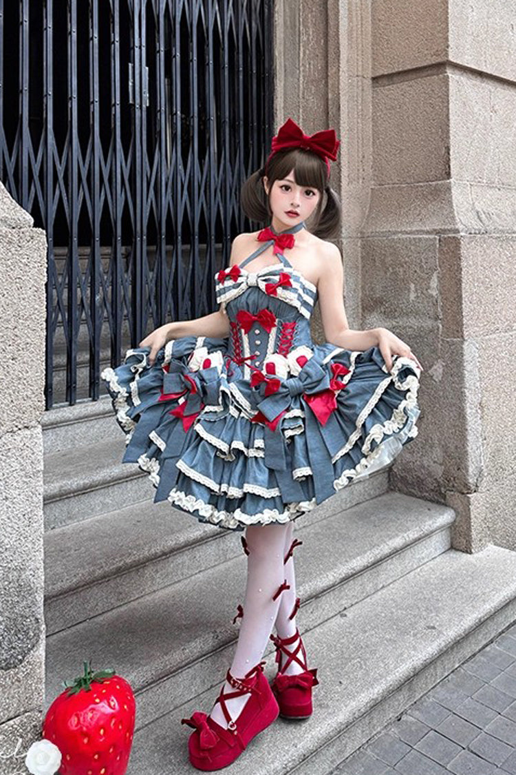 Halterneck Sleeveless Triple-Ruffle Laced JSK with Bow