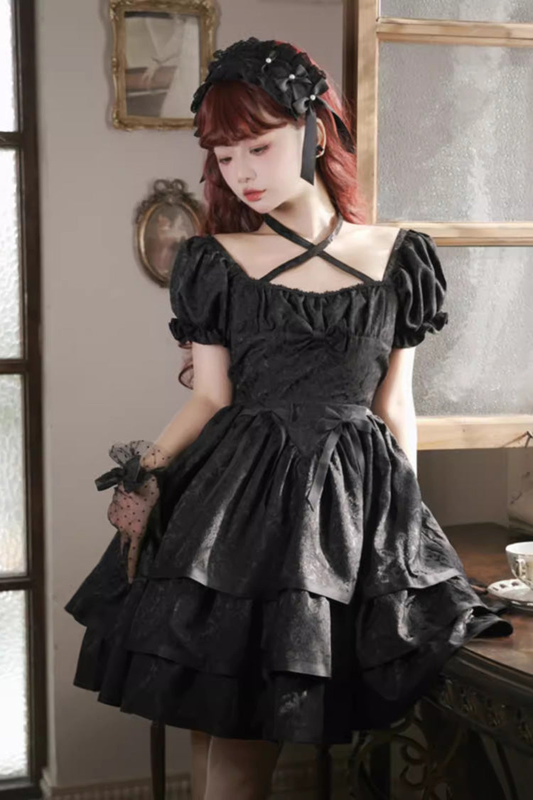 Black Short Sleeve Ruffle Bowknot Dress - Gothic Lolita
