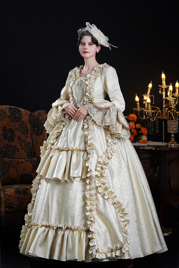 Classic Palace Dress with Square Collar & Trumpet Sleeves