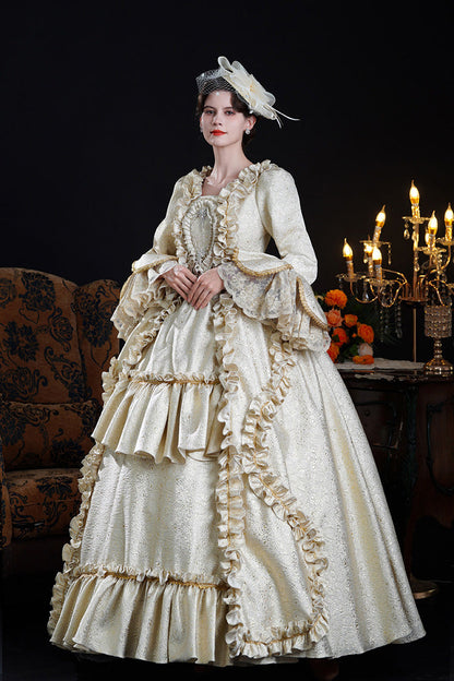 Classic Palace Dress with Square Collar & Trumpet Sleeves