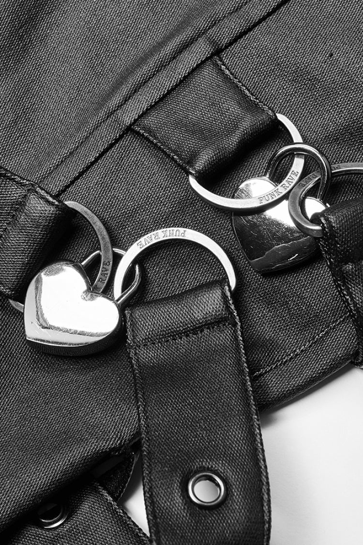 Women's Steampunk Pants with Metal Love Lock Buckles in Black Faux Leather