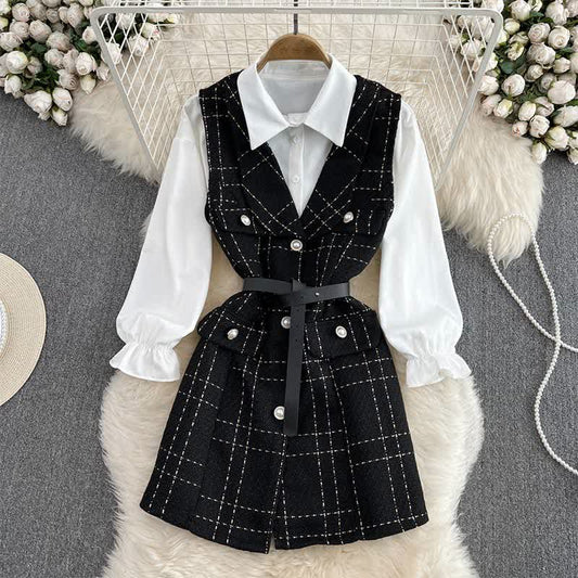 Ensemble chemise à manches longues et gilet avec ceinture à imprimé treillis