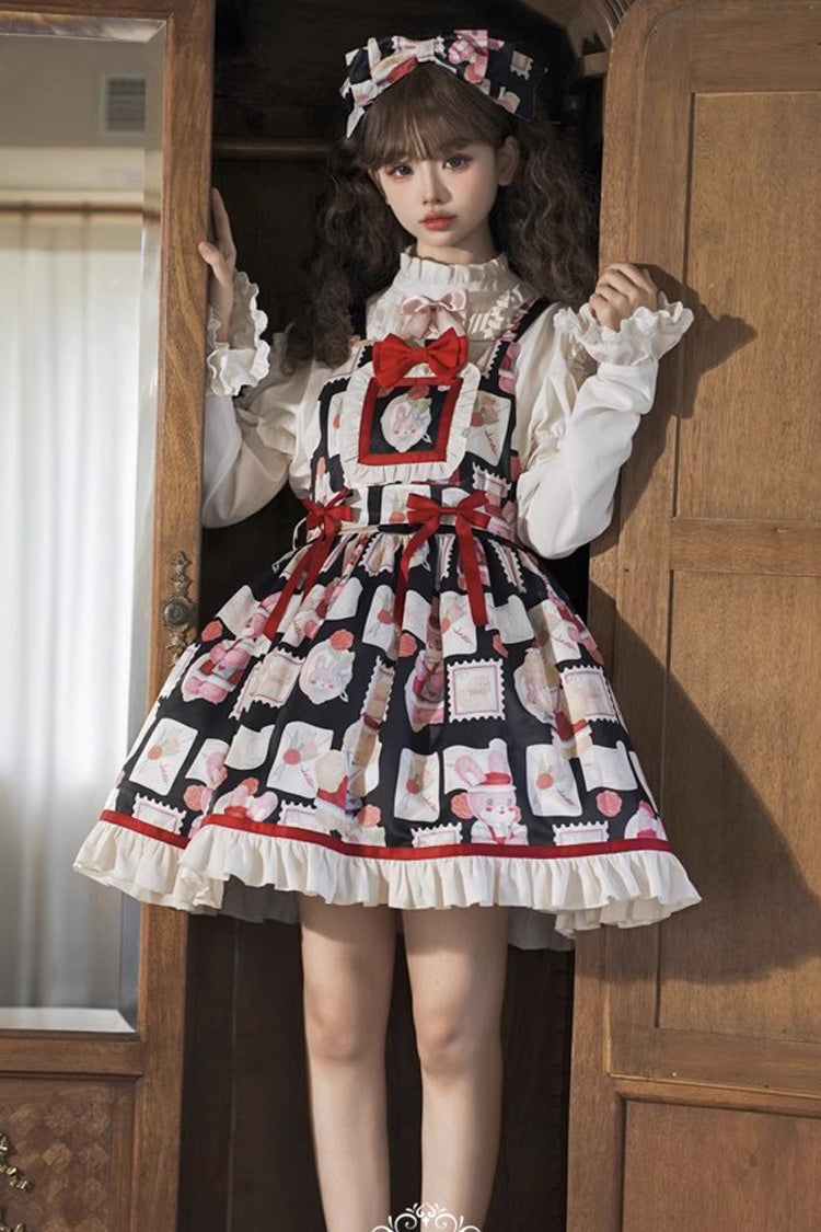 Letter from Showa Rabbit and Letter Print Ruffle Bowknot Sweet Princess Lolita Strap Dress