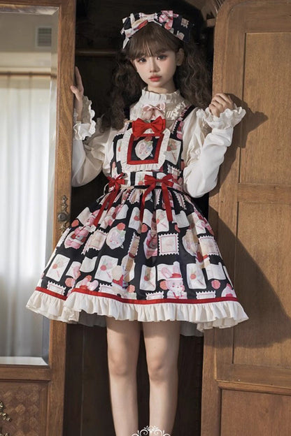 Letter from Showa Rabbit and Letter Print Ruffle Bowknot Sweet Princess Lolita Strap Dress