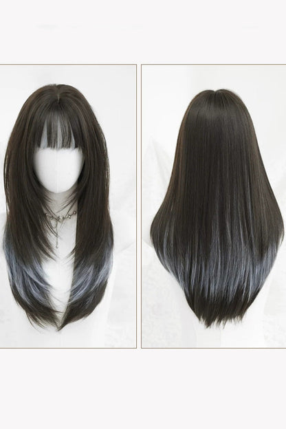 Vibrant Multitone Straight Wig with Full Fringe and Aqua Sheen