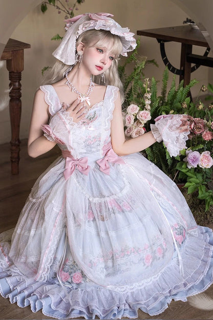 Multicolor Rose Flower Cage Print Ruffle Bow Lolita JSK