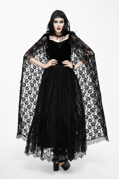 Gothic Women's Long Velvet Dress with Feather Flower Off-Collar and Lace Shawl